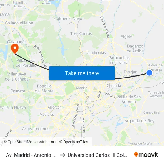 Av. Madrid - Antonio Suárez to Universidad Carlos III Colmenarejo map