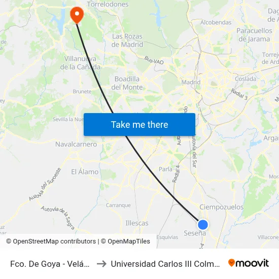 Fco. De Goya - Velázquez to Universidad Carlos III Colmenarejo map