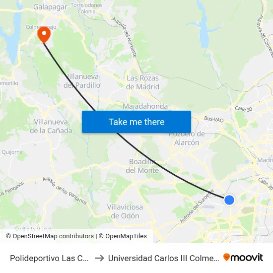 Polideportivo Las Cruces to Universidad Carlos III Colmenarejo map
