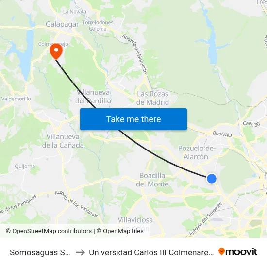Somosaguas Sur to Universidad Carlos III Colmenarejo map