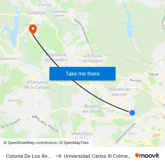 Colonia De Los Ángeles to Universidad Carlos III Colmenarejo map
