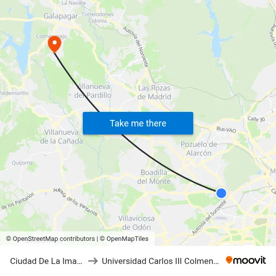 Ciudad De La Imagen to Universidad Carlos III Colmenarejo map