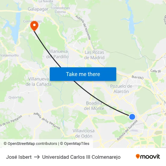 José Isbert to Universidad Carlos III Colmenarejo map