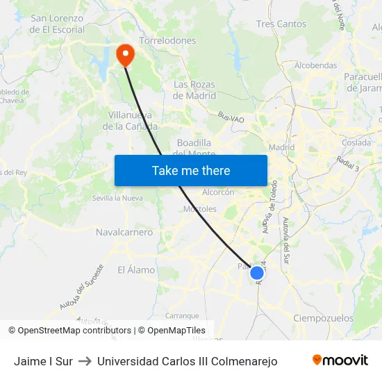 Jaime I Sur to Universidad Carlos III Colmenarejo map