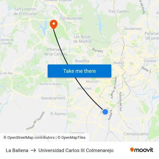 La Ballena to Universidad Carlos III Colmenarejo map