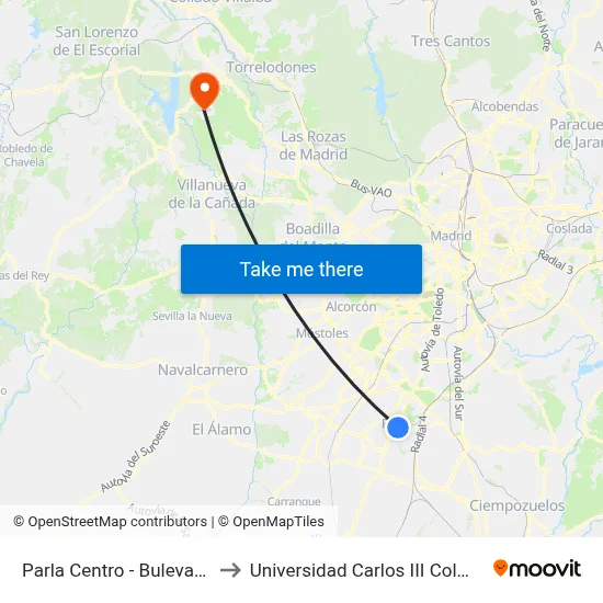 Parla Centro - Bulevar Norte to Universidad Carlos III Colmenarejo map