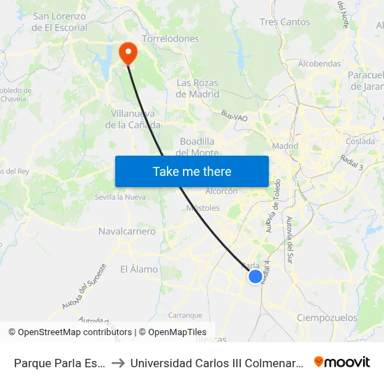 Parque Parla Este to Universidad Carlos III Colmenarejo map