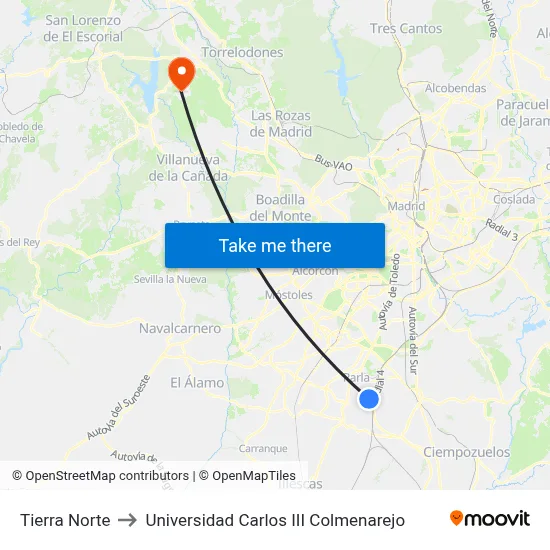Tierra Norte to Universidad Carlos III Colmenarejo map