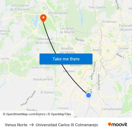 Venus Norte to Universidad Carlos III Colmenarejo map