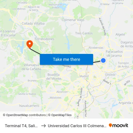 Terminal T4, Salidas to Universidad Carlos III Colmenarejo map