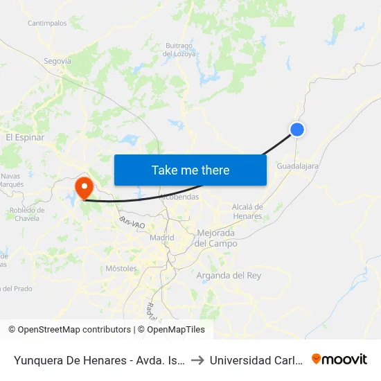 Yunquera De Henares - Avda. Islas Filipinas (Centro De Salud) to Universidad Carlos III Colmenarejo map