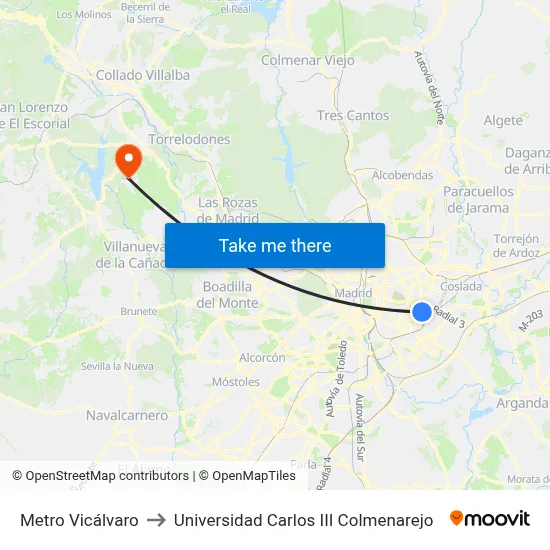 Metro Vicálvaro to Universidad Carlos III Colmenarejo map