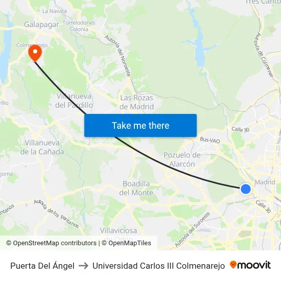 Puerta Del Ángel to Universidad Carlos III Colmenarejo map