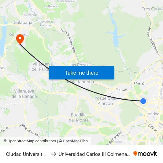 Ciudad Universitaria to Universidad Carlos III Colmenarejo map