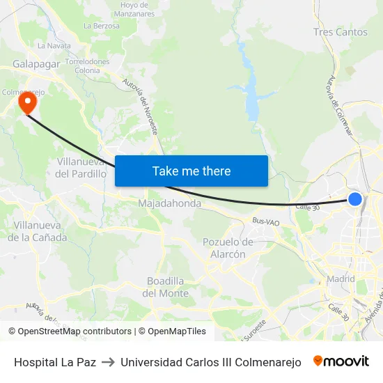 Hospital La Paz to Universidad Carlos III Colmenarejo map