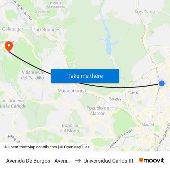 Avenida De Burgos - Avenida De Manoteras to Universidad Carlos III Colmenarejo map
