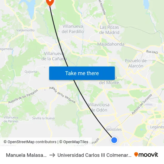 Manuela Malasaña to Universidad Carlos III Colmenarejo map