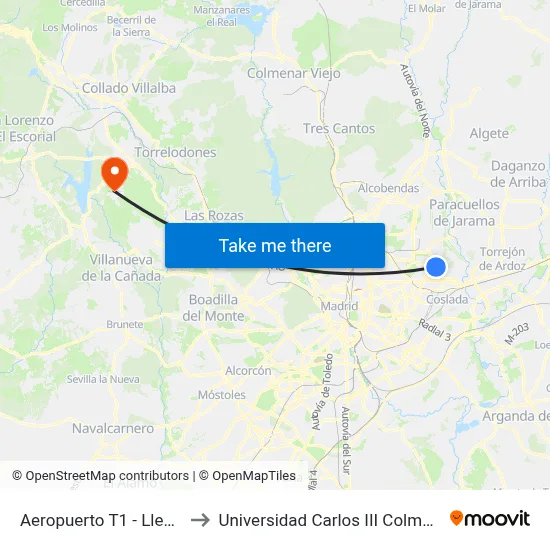 Aeropuerto T1 - Llegadas to Universidad Carlos III Colmenarejo map