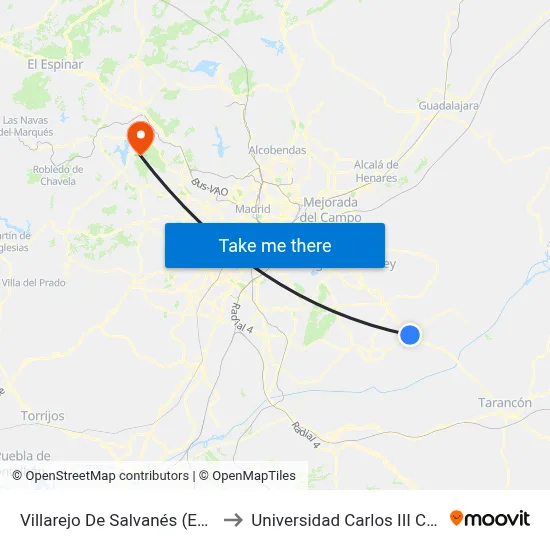 Villarejo De Salvanés (Encomienda) to Universidad Carlos III Colmenarejo map