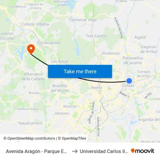 Avenida Aragón - Parque Empresarial Pegaso to Universidad Carlos III Colmenarejo map