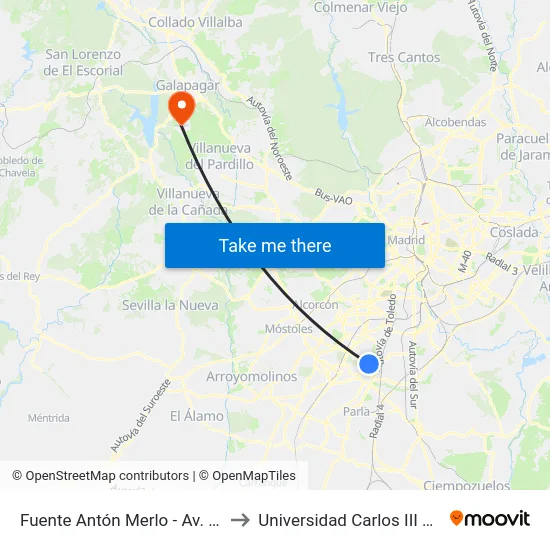Fuente Antón Merlo - Av. Juan Carlos I to Universidad Carlos III Colmenarejo map