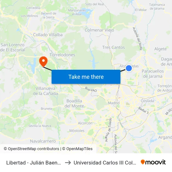 Libertad - Julián Baena Castro to Universidad Carlos III Colmenarejo map