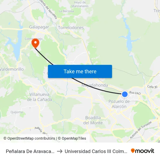 Peñalara De Aravaca N.º 7 to Universidad Carlos III Colmenarejo map