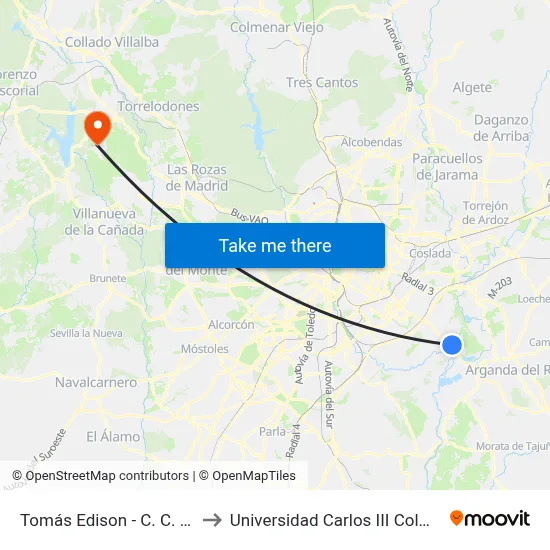 Tomás Edison - C. C. H2ocio to Universidad Carlos III Colmenarejo map