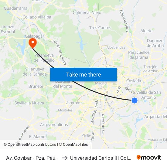 Av. Covibar - Pza. Pau Casals to Universidad Carlos III Colmenarejo map