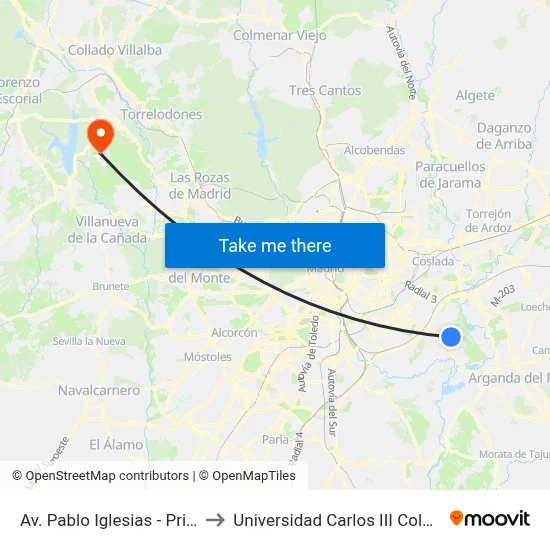 Av. Pablo Iglesias - Primavera to Universidad Carlos III Colmenarejo map