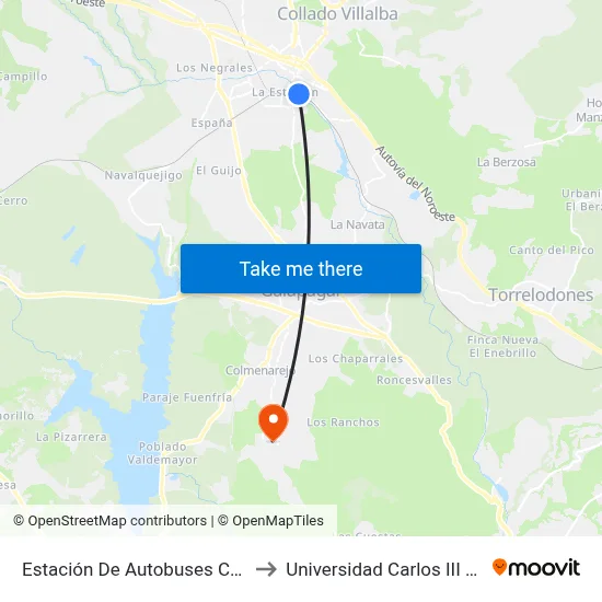 Estación De Autobuses Collado Villalba to Universidad Carlos III Colmenarejo map