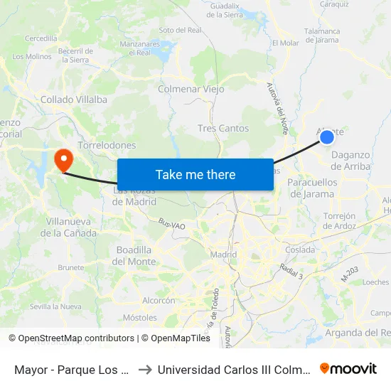Mayor - Parque Los Olivos to Universidad Carlos III Colmenarejo map