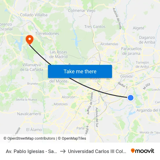 Av. Pablo Iglesias - Saramago to Universidad Carlos III Colmenarejo map