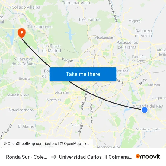 Ronda Sur - Colegio to Universidad Carlos III Colmenarejo map