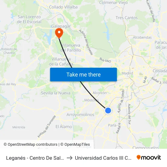 Leganés - Centro De Salud Mental to Universidad Carlos III Colmenarejo map