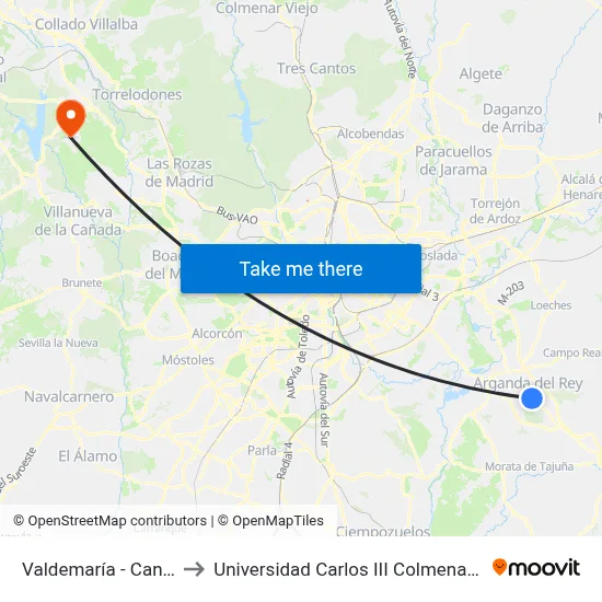 Valdemaría - Canoa to Universidad Carlos III Colmenarejo map