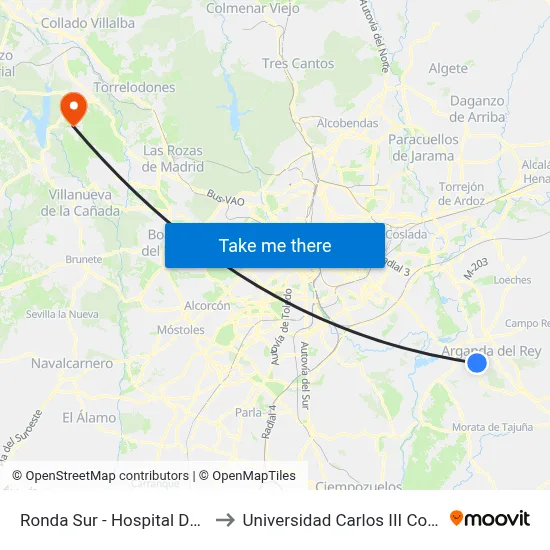 Ronda Sur - Hospital Del Sureste to Universidad Carlos III Colmenarejo map