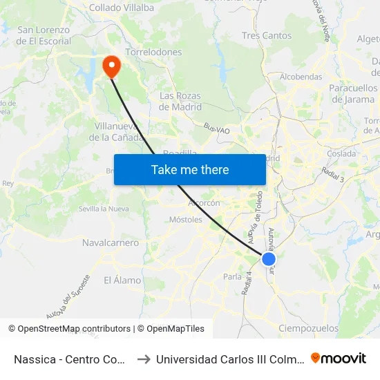 Nassica - Centro Comercial to Universidad Carlos III Colmenarejo map