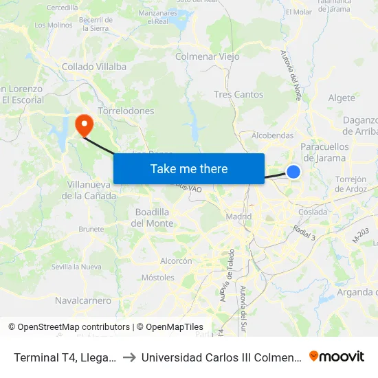 Terminal T4, Llegadas to Universidad Carlos III Colmenarejo map