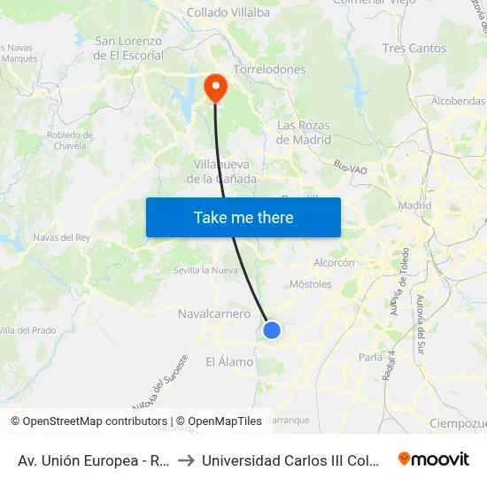 Av. Unión Europea - Río Tajo to Universidad Carlos III Colmenarejo map