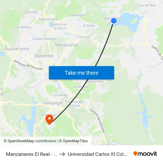 Manzanares El Real - Iglesia to Universidad Carlos III Colmenarejo map