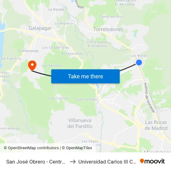 San José Obrero - Centro Comercial to Universidad Carlos III Colmenarejo map