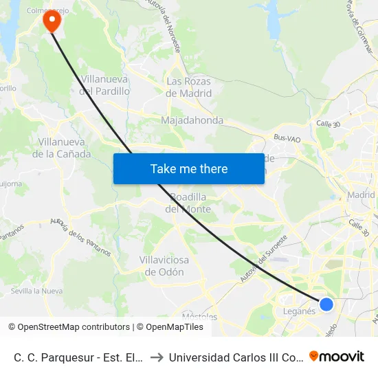 C. C. Parquesur - Est. El Carrascal to Universidad Carlos III Colmenarejo map