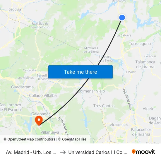 Av. Madrid - Urb. Los Terreros to Universidad Carlos III Colmenarejo map