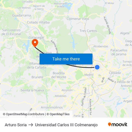 Arturo Soria to Universidad Carlos III Colmenarejo map
