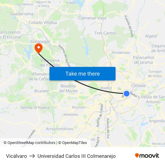 Vicálvaro to Universidad Carlos III Colmenarejo map
