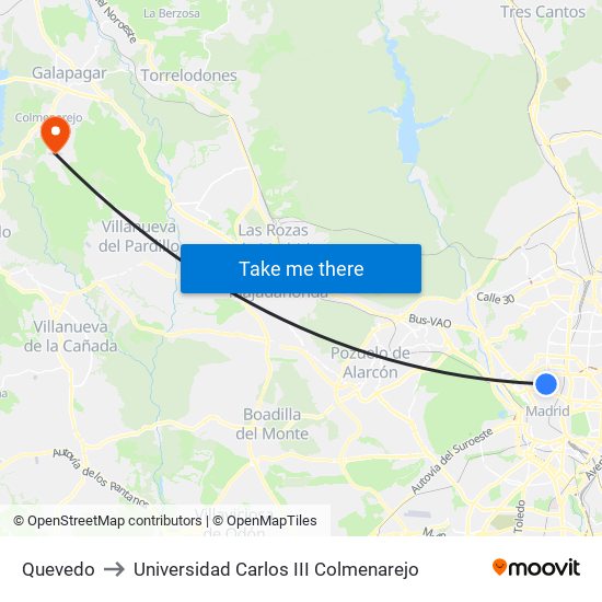 Quevedo to Universidad Carlos III Colmenarejo map
