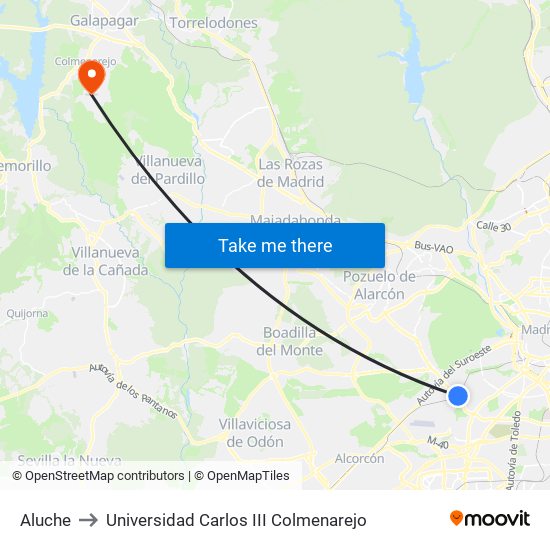 Aluche to Universidad Carlos III Colmenarejo map