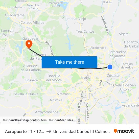Aeropuerto T1 - T2 - T3 to Universidad Carlos III Colmenarejo map