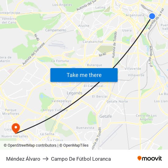 Méndez Álvaro to Campo De Fútbol Loranca map